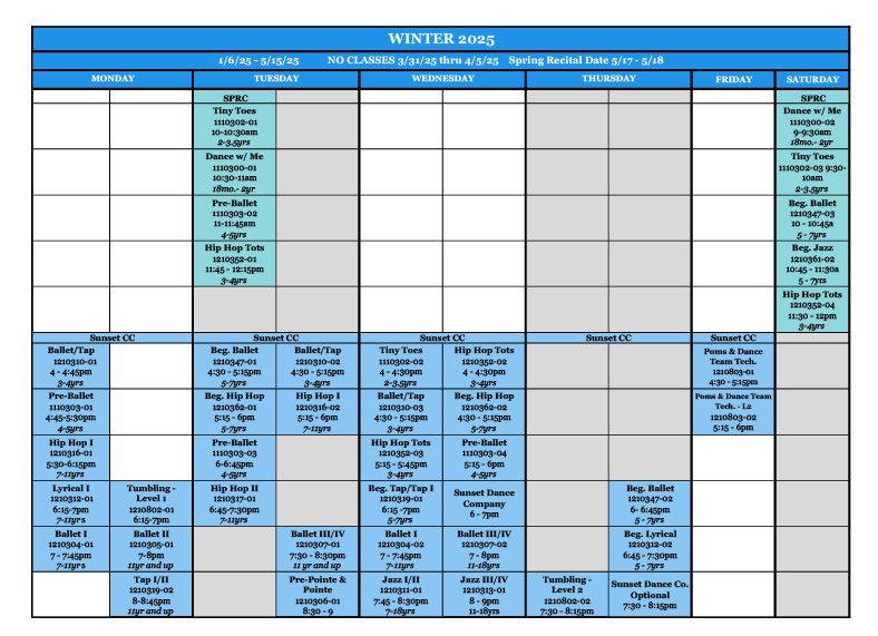 Winter Dance schedule